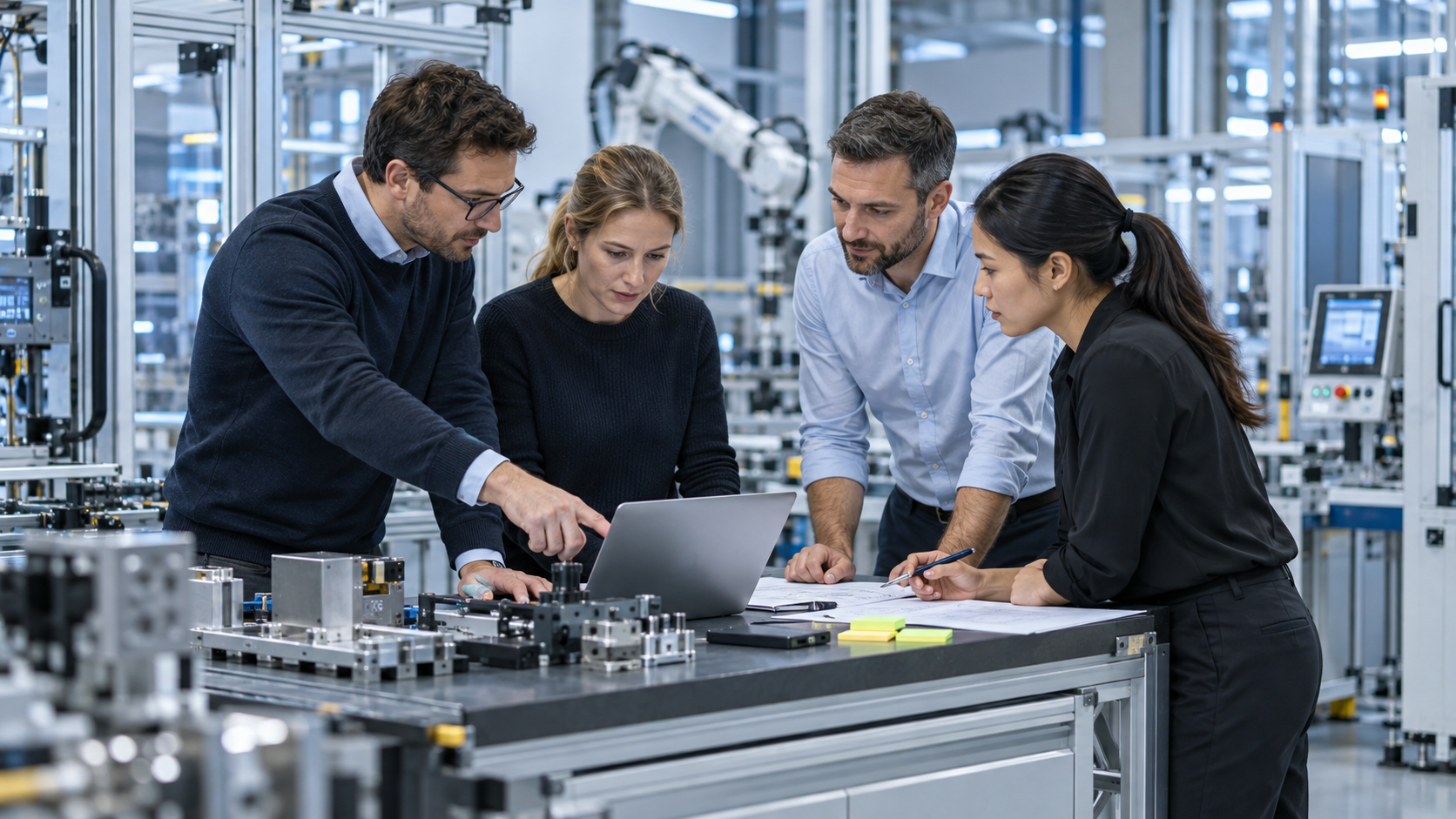 Improvement team collaborating in a high-tech production environment